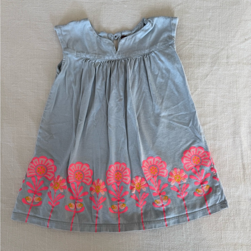 Tea Collection 100% cotton Gray Dress with Pink Floral Design size 18-24 months